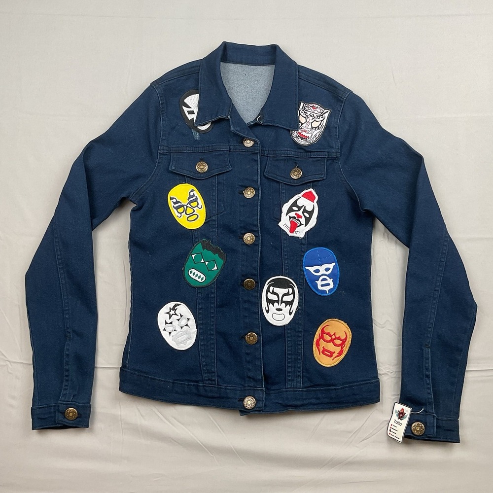 Rvainzs Jeans Lucha Libre Denim Jacket‎ Large Mask Patch Streetwear Y2K
